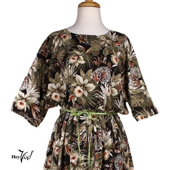 Vintage 80s Dress Cotton Tropical Print Blouson Top Elastic Waist Sz M - Hey Viv - Picture 2 of 5